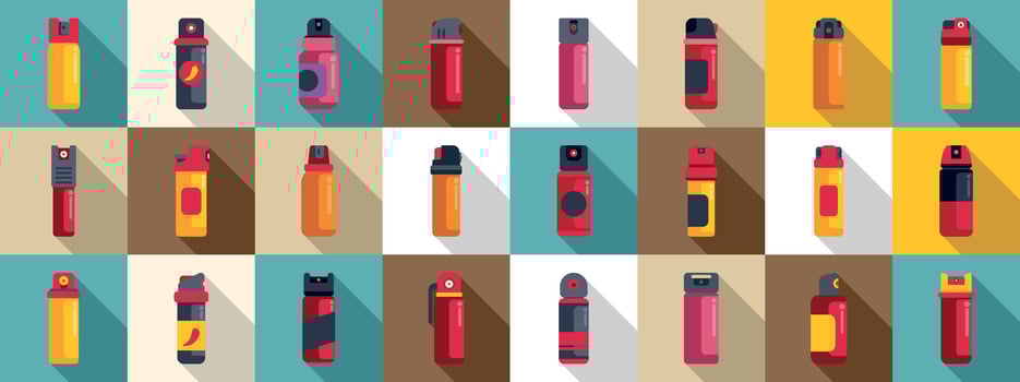Pepper spray icons set. Pepper sprays for self defense providing protection and security vector