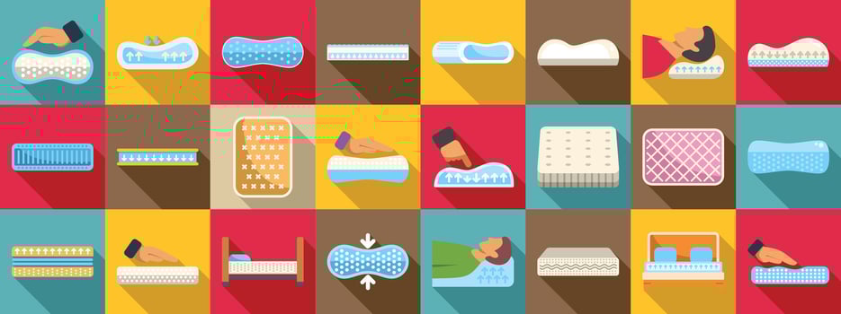 Memory foam icons set. Orthopedic mattress and pillows showing comfort and pressure relief vector
