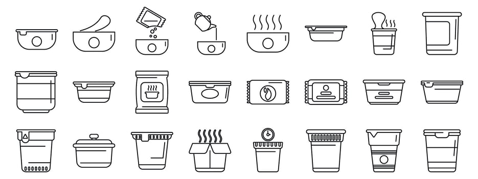 Instant soup icons set. Instant food preparation icons showing various methods and containers for quick meals vector