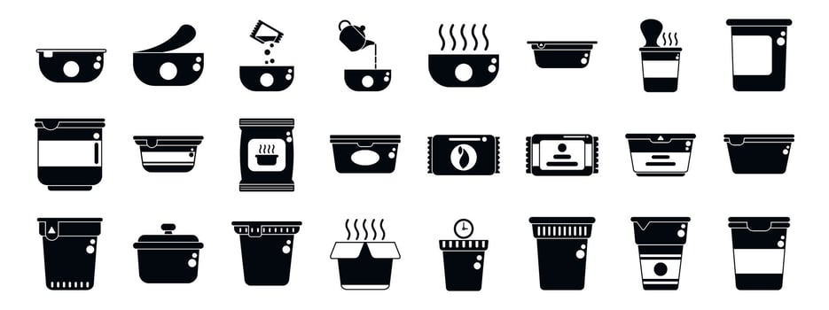 Instant soup icons set. Preparing instant noodles, pouring hot water, adding spices, and enjoying a quick meal vector
