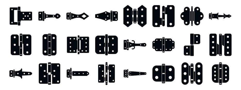 Door hinges icons set. Door hinge icons showing different styles and designs for various applications vector