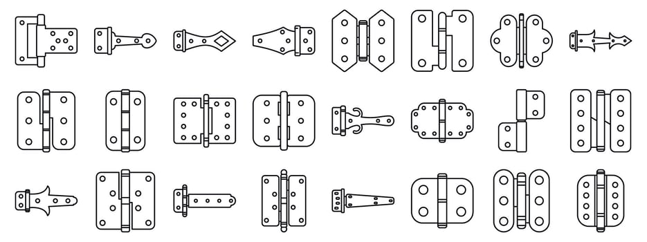 Door hinges icons set. Door hinges connecting metal plates allowing rotation providing support vector