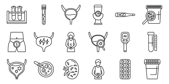 Urinary tract infection icons set. Urology and nephrology icons showing diagnosing and treating urinary system diseases vector