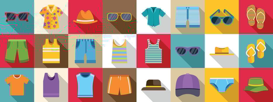 Male beach wear icons set. Colorful summer clothing and accessories collection vector