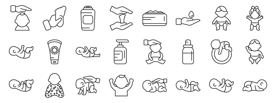 Baby massage icons set. Baby care icons featuring lotion, powder, and gentle touch vector