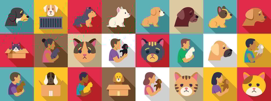 Homeless pet icons set. People adopting abandoned dogs and cats from a shelter vector