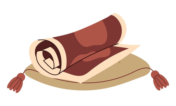 historical map rolled up on a red cushion, a museum exhibit. Geographical locations. An archaeological find. Flat color illustration. scientific projects, encyclopedias, museum exhibitions, history vector