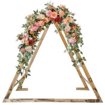 Rustic Triangular Wedding Arch Decorated With Delicate Flowers For An Outdoor Ceremony. Isolated On Black. png
