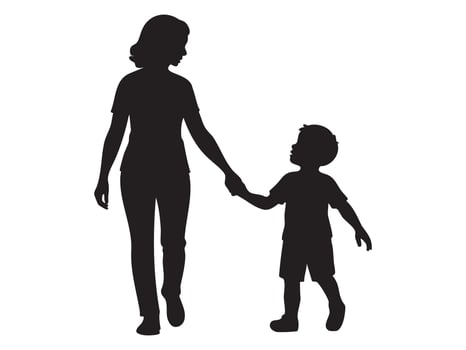 Black silhouette of a woman walking with a child boy, isolated on white background, graphic illustration. concept of parent, mother and son, family bond, caring, motherhood, design element vector