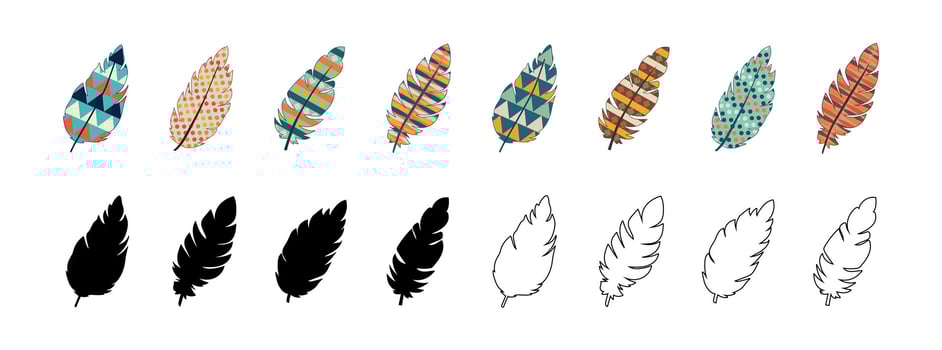 Set of Feathers in Different Styles Colorful, Black Silhouette, Outline. Collection of Artistic Bird Feathers with Geometric and Abstract Patterns. Concept of Boho, Nature Art, Graphic Clipart, Design vector