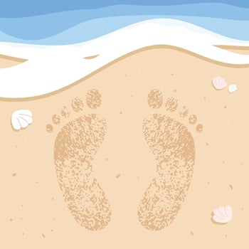 Footprints on the beach with sand and waves. Summer vacation concept vector