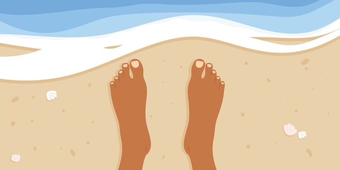 Bare feet on the beach with sand and waves. Summer vacation concept vector