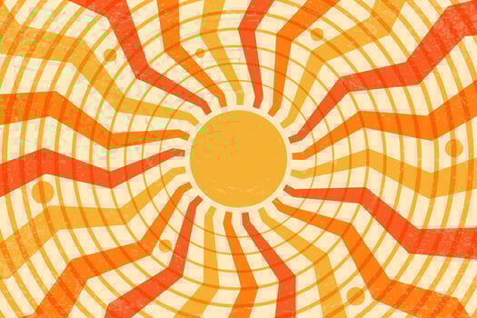 Retro sun background with radial pattern of rays and concentric circles. Abstract wavy beams. 70s summer grunge illustration. vector