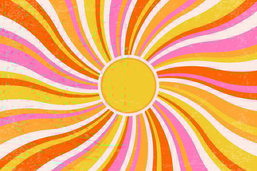 Sun burst retro background with spiral rays. Groovy summer carnival poster with wavy orange stripes. Psychedelic vintage grunge illustration. 70s design vector