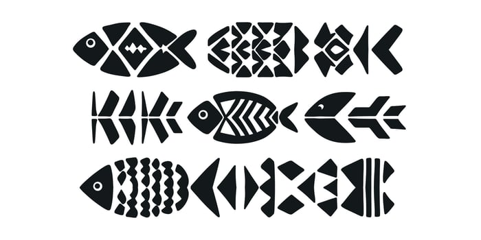 set of fish in black and white cartoon style vector
