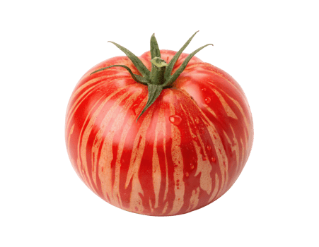 Ripe red zebra tomato isolated on a transparent background food design png