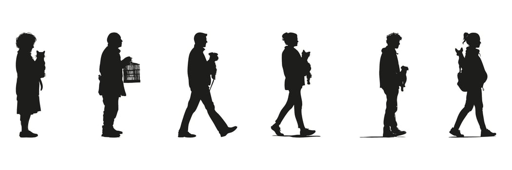 People And Pets Silhouette Set. Human-Animal Interaction And Companionship Symbol Collection. Lifestyle And Social Use. Isolated Illustration vector