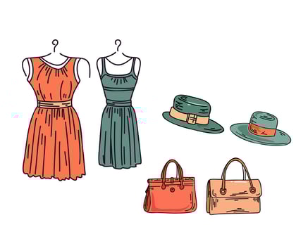 Fashion set of women dresses, hats and bags vector