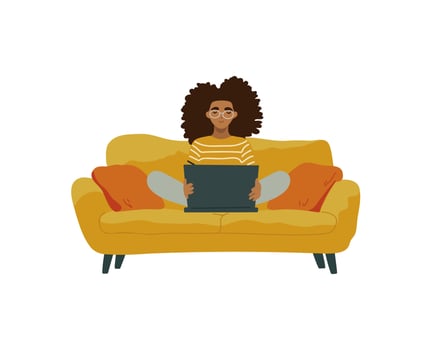 The girl student work at the laptop on the yellow sofa on white background vector