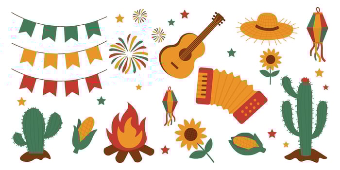 Festa Junina traditional elements with cactus, guitar, corn, fireworks and decorations. Ideal for June party design and celebration themes vector