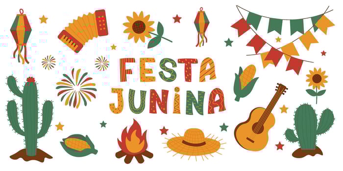 Festa Junina traditional elements with cactus, guitar, corn, fireworks and decorations.Ideal for June party design and celebration themes vector