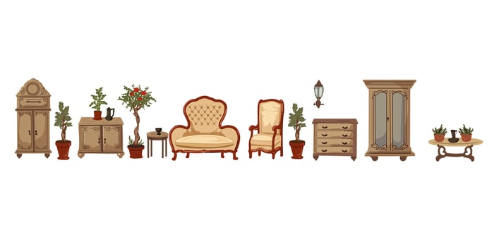 The set of vintage retro furniture, potted home plant and flower, wardrobe, sideboard, dresser, armchair, coffee table and sofa vector