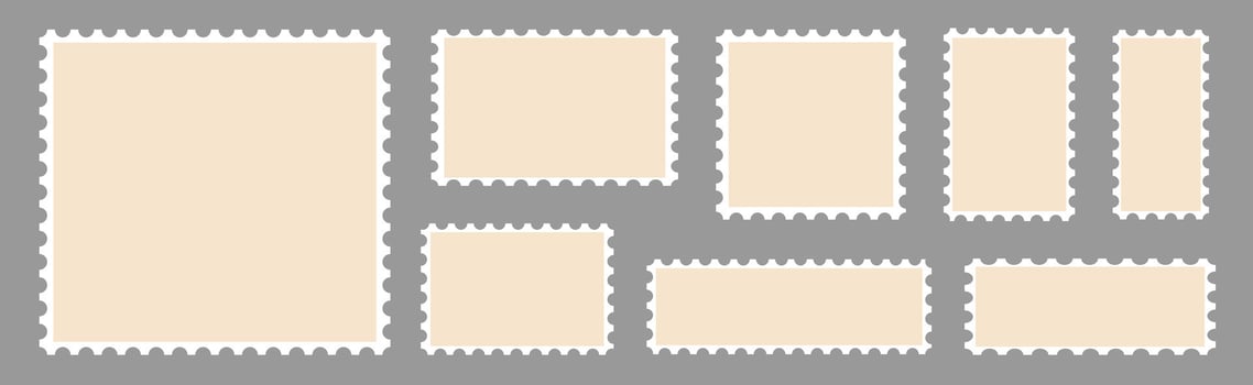 Set of postcard stamps template. Mockup postage stamps. Jagged wavy edge forms vector