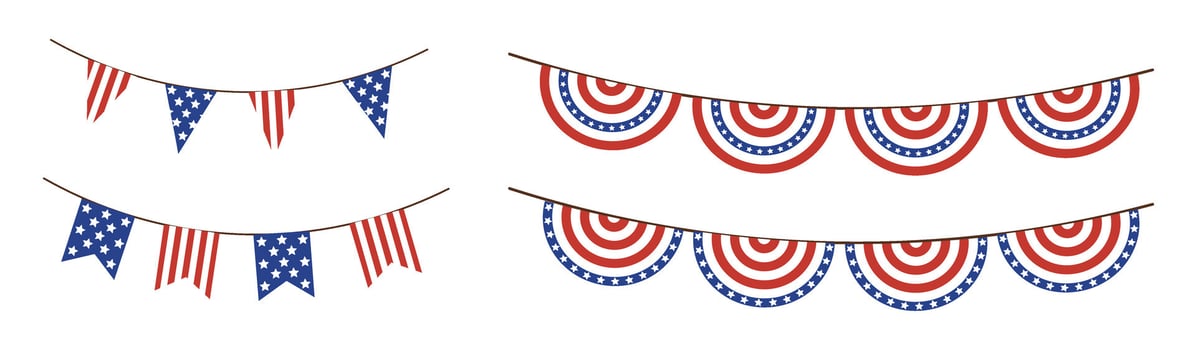 Set of patriotic bunting garland in red, white, and blue.Includes various flag and pennant styles perfect for decorating Independence Day events and American holiday designs vector