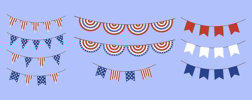 Set of patriotic bunting garlands in red, white, and blue.Includes various flag and pennant styles perfect for decorating Independence Day events and American holiday designs vector