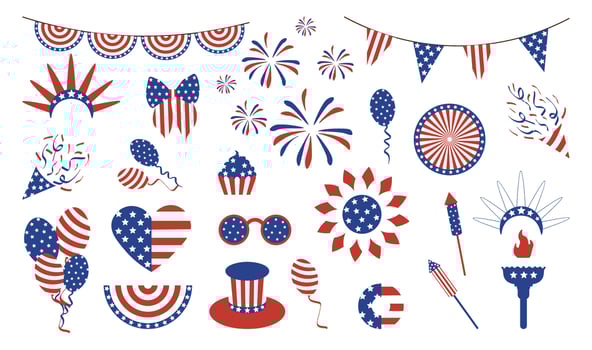 Set of USA celebration national symbols by the Fourth of July. Ideal for American Independence Day designs, party invitations, banners, and patriotic-themed graphics vector