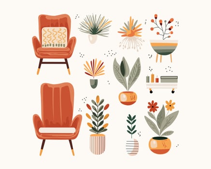 The set of armchairs and interior potted home plants and flowers vector