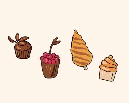 Chocolate maffin, brownie and caramel cakes vector