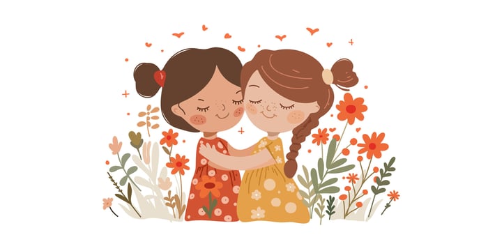 Two cute happy girls hugging each other among flowers, sisters, girlfriends, place for text, copy space, banner vector