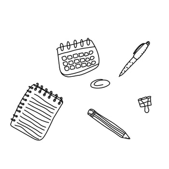 Doodle-style black and white illustration of stationery items like pen, notebook, calendar, and eraser. Perfect for school, office, or bullet journal themes vector