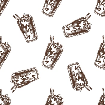 Hand drawn vintage seamless pattern of chocolate milkshakes with whipped cream and straws in brown ink sketch vector