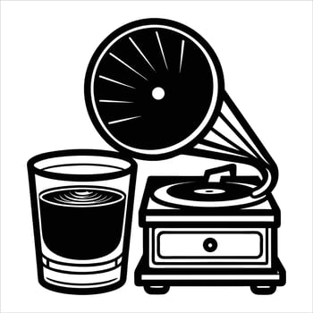 whisky glass next to an old vinyl player vector