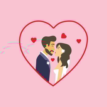 Romantic wedding couple in heart frame. vector
