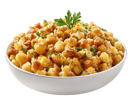 Bowl full of stuffing sprinkled with herbs on a transparent background image png