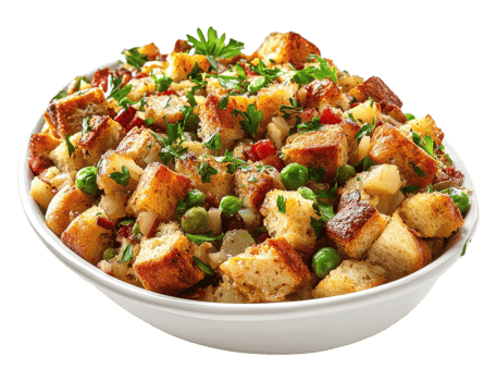 Bread Stuffing in White Bowl, Diced, with Peas and Parsley on a Transparent Image png