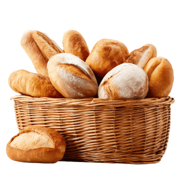 Fresh baked bread in wicker basket bakery goods food photography on transparent background png