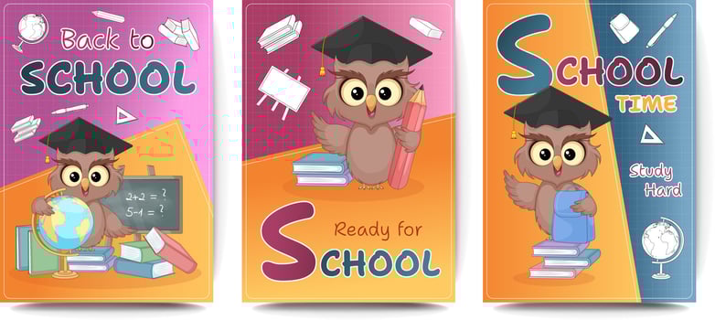 Back to school cartoon owl posters. Education set for kids vector