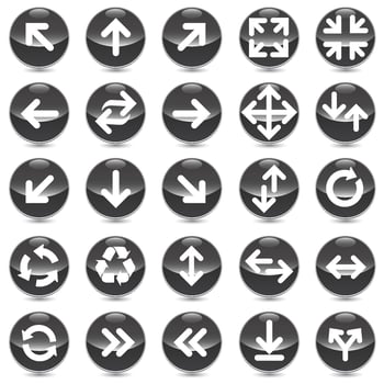 Arrow icon set. Arrow. Collection different arrow signs on black shiny ball. Different arrow on direction symbols in 3d style. vector