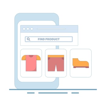 Find product concept. Search feature to find and compare products online. Search in web stores or online shopping. Price quotes, seller information. Flat illustration on background. vector