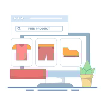 Find product concept. Search feature to find and compare products online. Search in web stores or online shopping. Price quotes, seller information. Flat design illustration. vector
