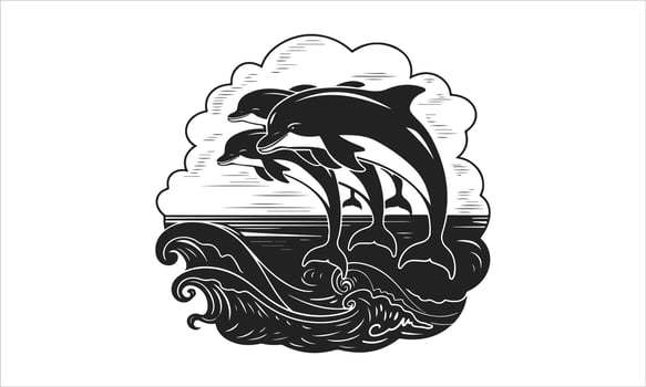 Three dolphins leaping ocean waves black ink vector