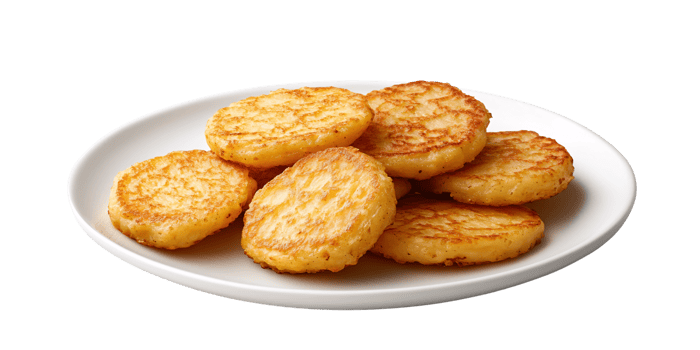 Golden crispy hash browns on a white plate, delicious breakfast food, perfect for brunch or side dish Concept of comfort food, indulgence, and tasty snack png