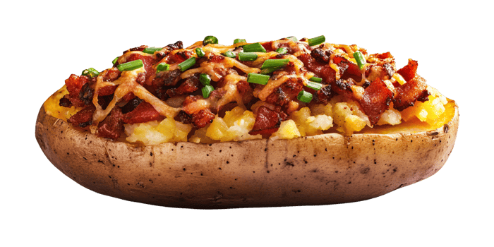 Delicious baked potato with crispy bacon, melted cheese, and fresh chives on a black background Gourmet loaded potato concept for restaurant menu and food photography png