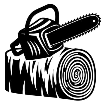 Woodcutting icon chainsaw resting on a tree log, black and white illustration vector