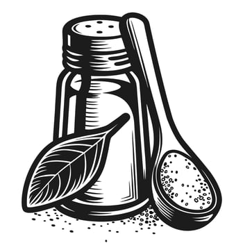 vintage salt shaker with leaf and spoon illustration black and white culinary kitchen spice art vector