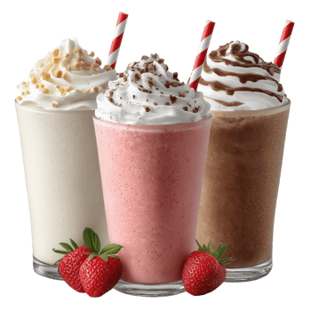 Three different milkshakes with strawberries and whipped cream png